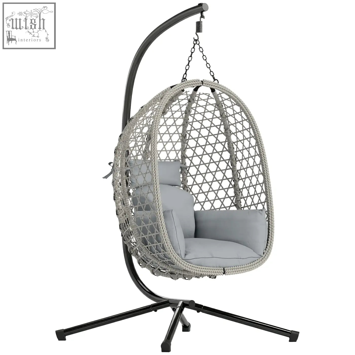 Gray woven outsunny hanging egg chair with plush cushions black metal stand and safety strap for indoor outdoor use
