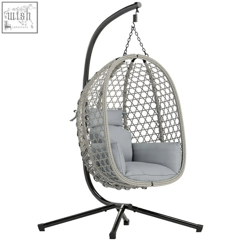 Gray woven outsunny hanging egg chair with plush cushions black metal stand and safety strap for indoor outdoor use