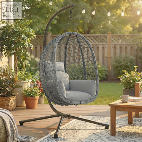 Gray woven wicker outsunny hanging egg chair with plush cushions, safety strap, and foldable basket on metal stand
