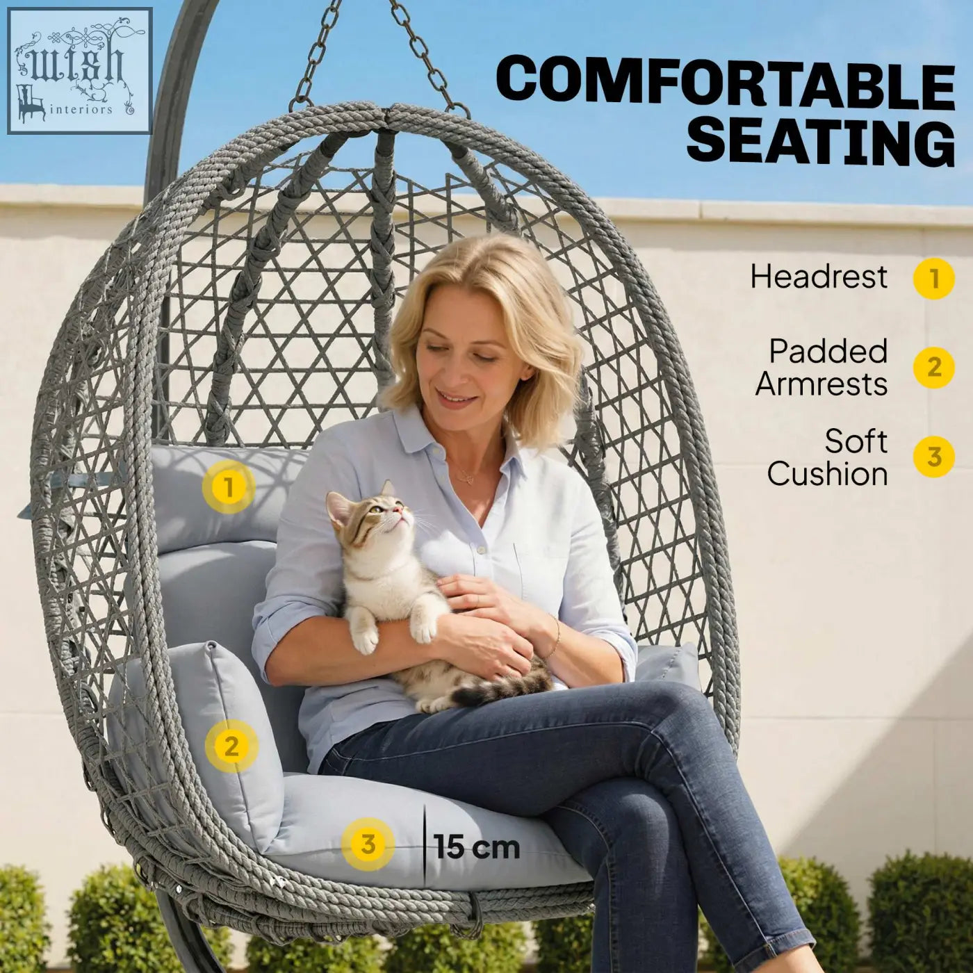 Gray woven wicker outsunny hanging egg chair with plush gray cushion foldable basket and safety strap for indoor outdoor use