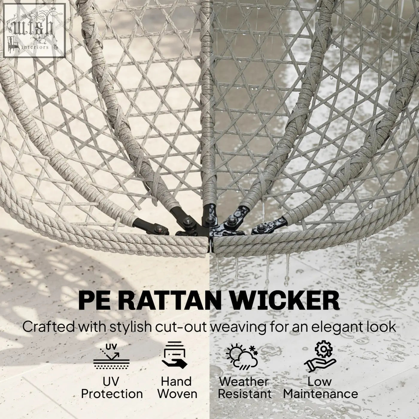 Gray pe rattan wicker outsunny hanging egg chair with woven design safety strap and sturdy rope supports for indoor outdoor use