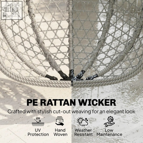 Gray pe rattan wicker outsunny hanging egg chair with woven design safety strap and sturdy rope supports for indoor outdoor use