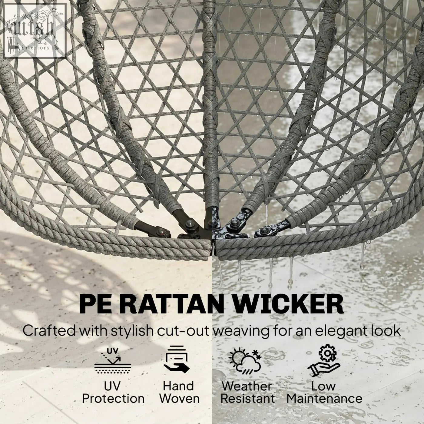 Gray pe rattan wicker hanging egg chair with woven lattice design and safety strap for indoor outdoor use
