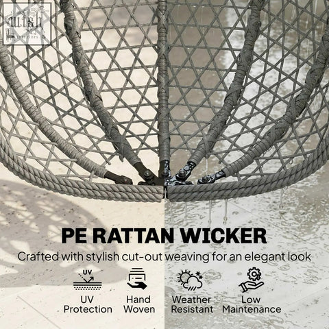Gray pe rattan wicker hanging egg chair with woven lattice design and safety strap for indoor outdoor use