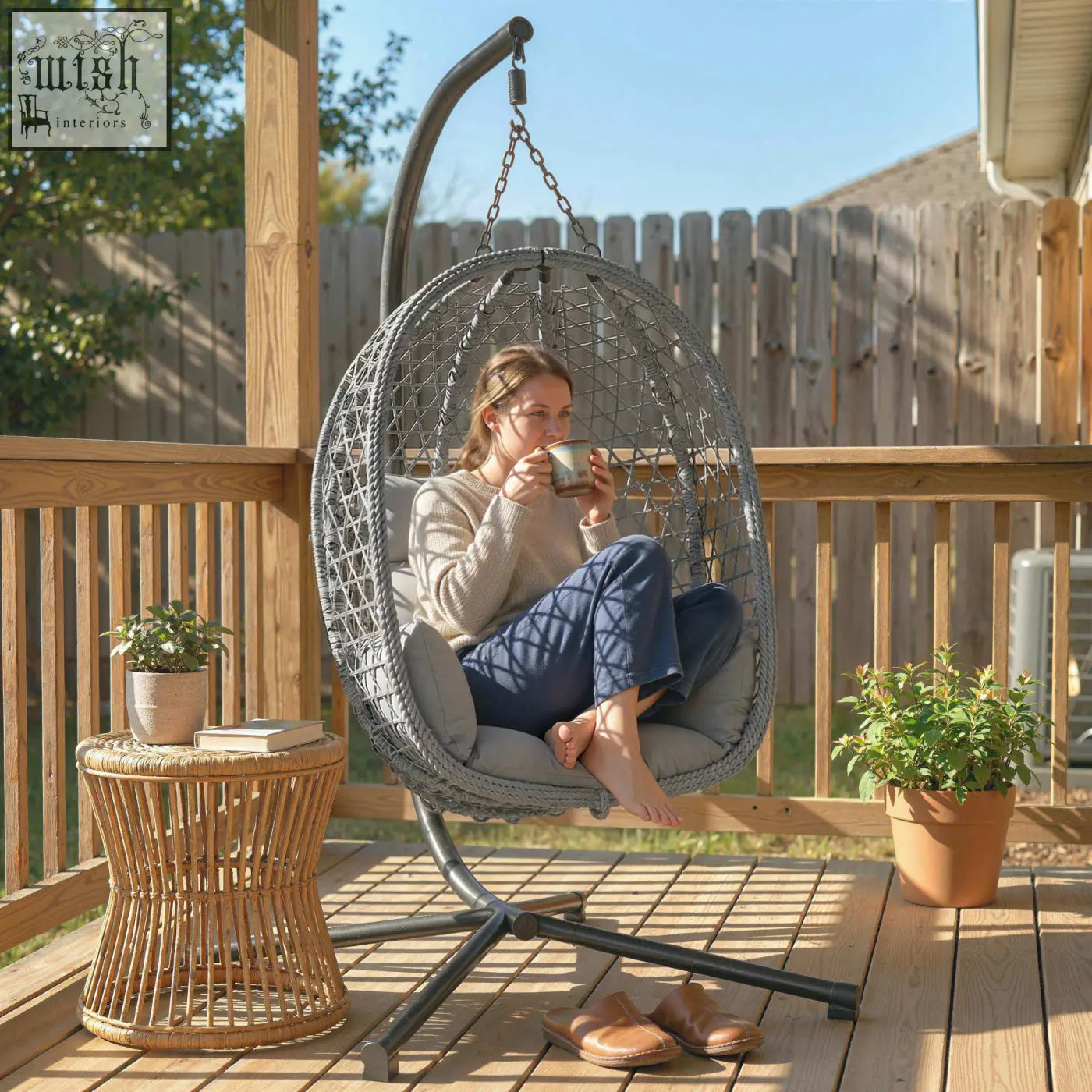 Gray woven wicker hanging egg chair with cushioned seat black metal frame safety strap foldable basket by outsunny