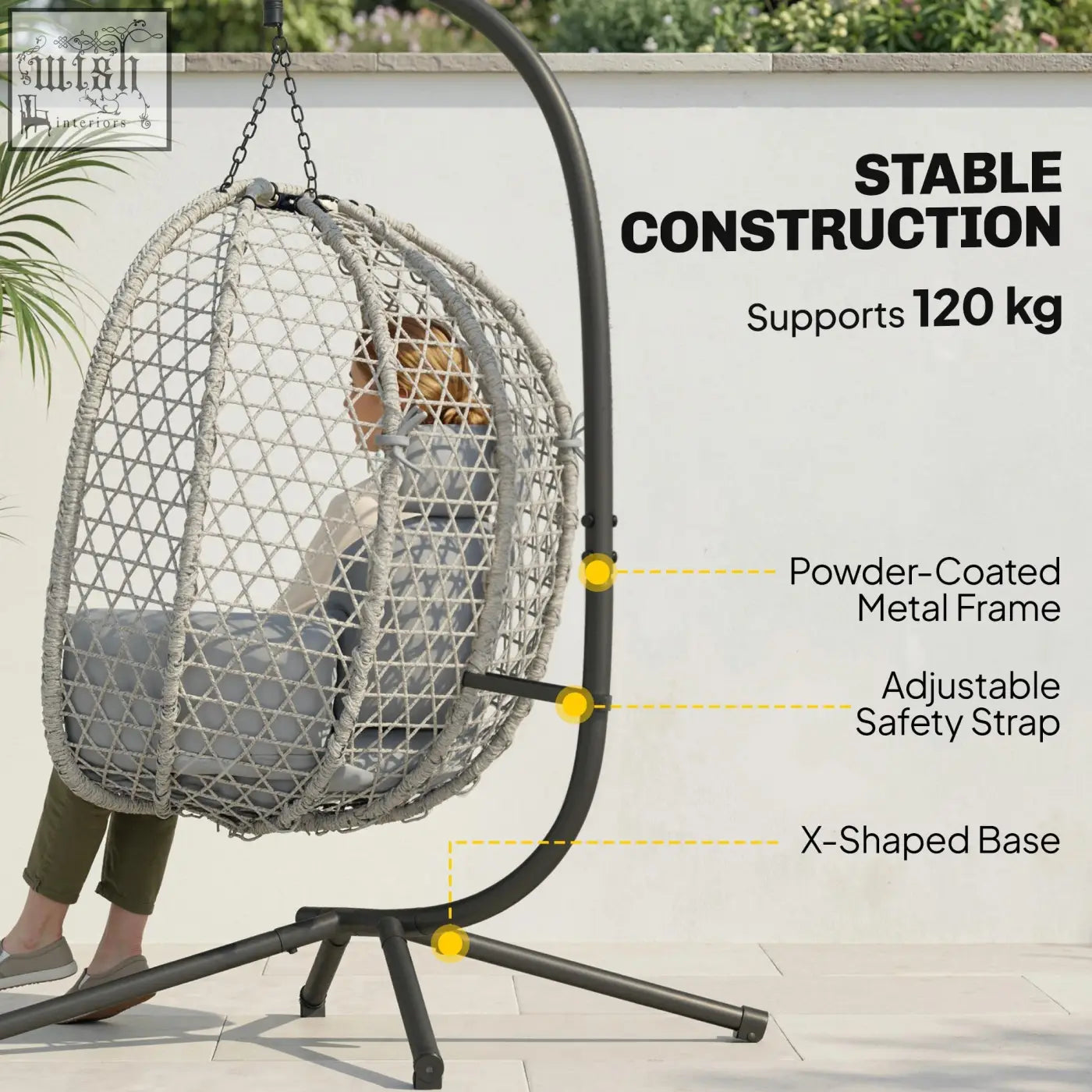Gray woven hanging egg chair with powder-coated metal frame and adjustable safety strap for indoor outdoor use
