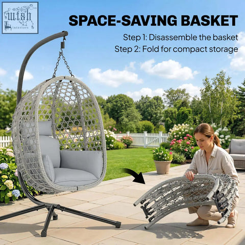 Gray woven wicker hanging egg chair with light gray cushions safety strap foldable rattan hammock swing by outsunny