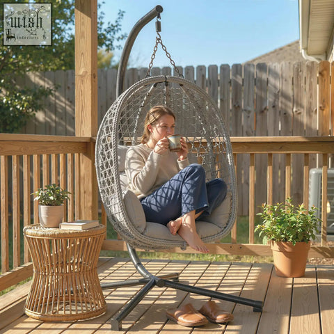 Gray woven outsunny hanging egg chair with black metal frame, safety strap, and foldable basket for indoor outdoor use