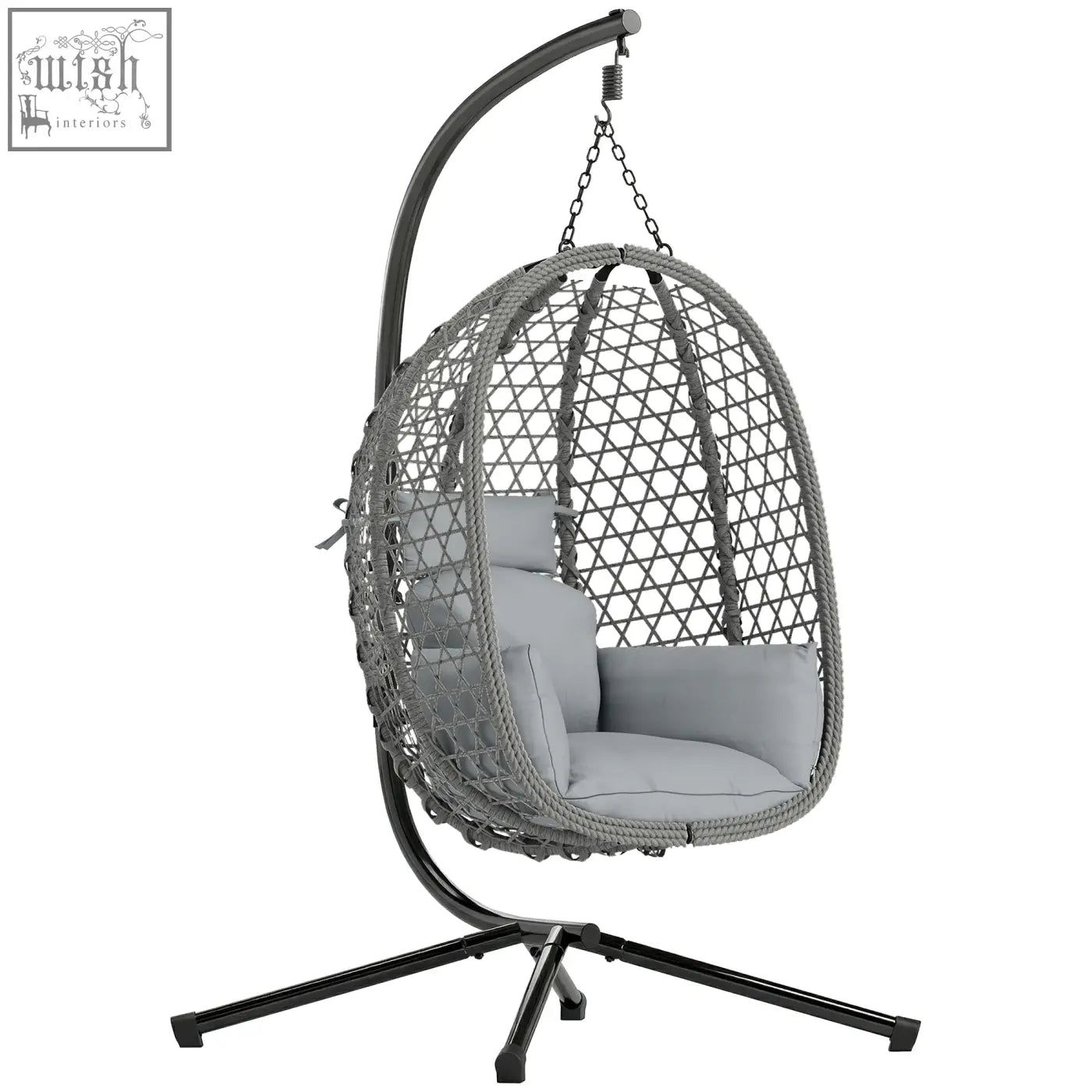 Gray woven wicker hanging egg chair with cushions and black metal stand featuring safety strap by outsunny