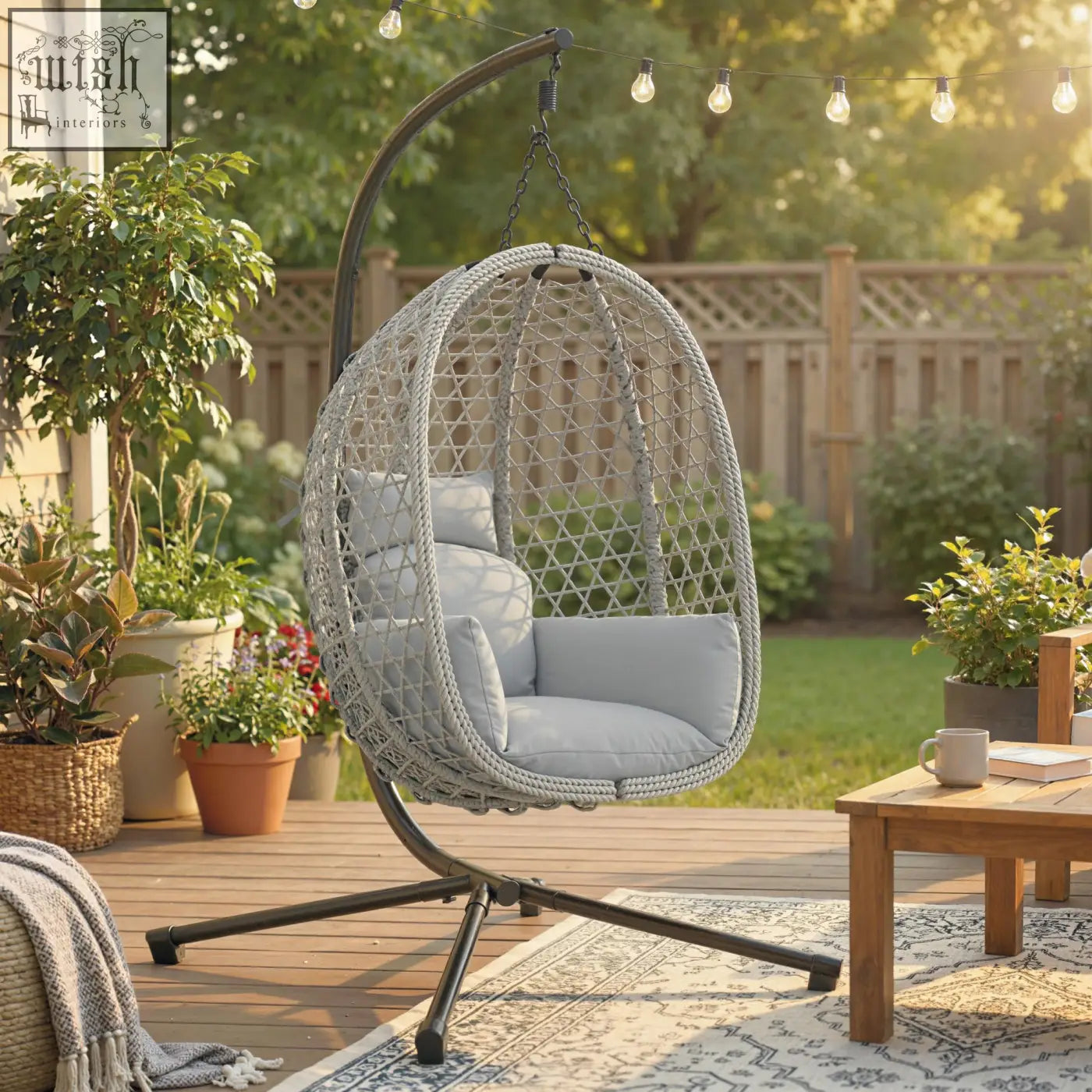 Outsunny hanging egg chair with gray woven rattan, light gray cushions, safety strap, and black metal stand for indoor outdoor use