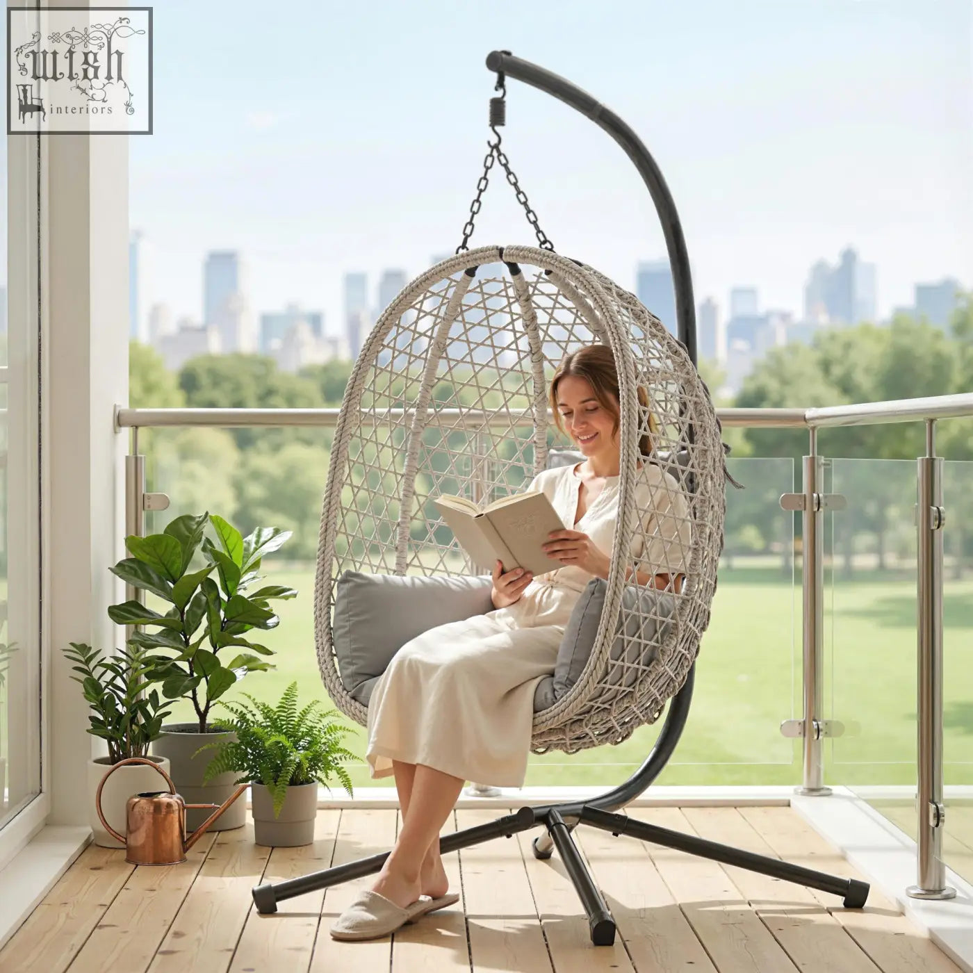 Beige woven hanging egg chair with black metal frame and safety strap for indoor outdoor use by outsunny