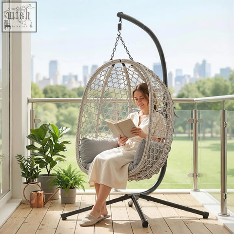 Beige woven hanging egg chair with black metal frame and safety strap for indoor outdoor use by outsunny