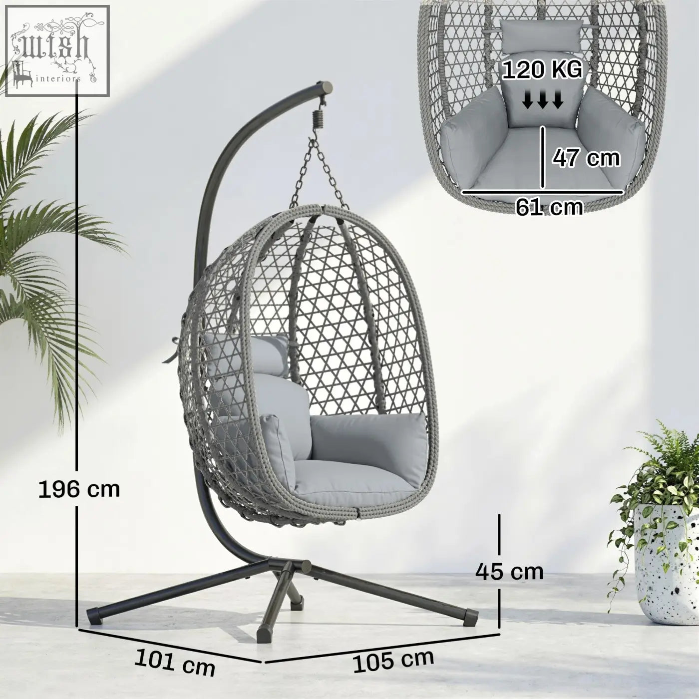 Gray woven wicker outsunny hanging egg chair with plush cushion black metal stand and safety strap for indoor outdoor use