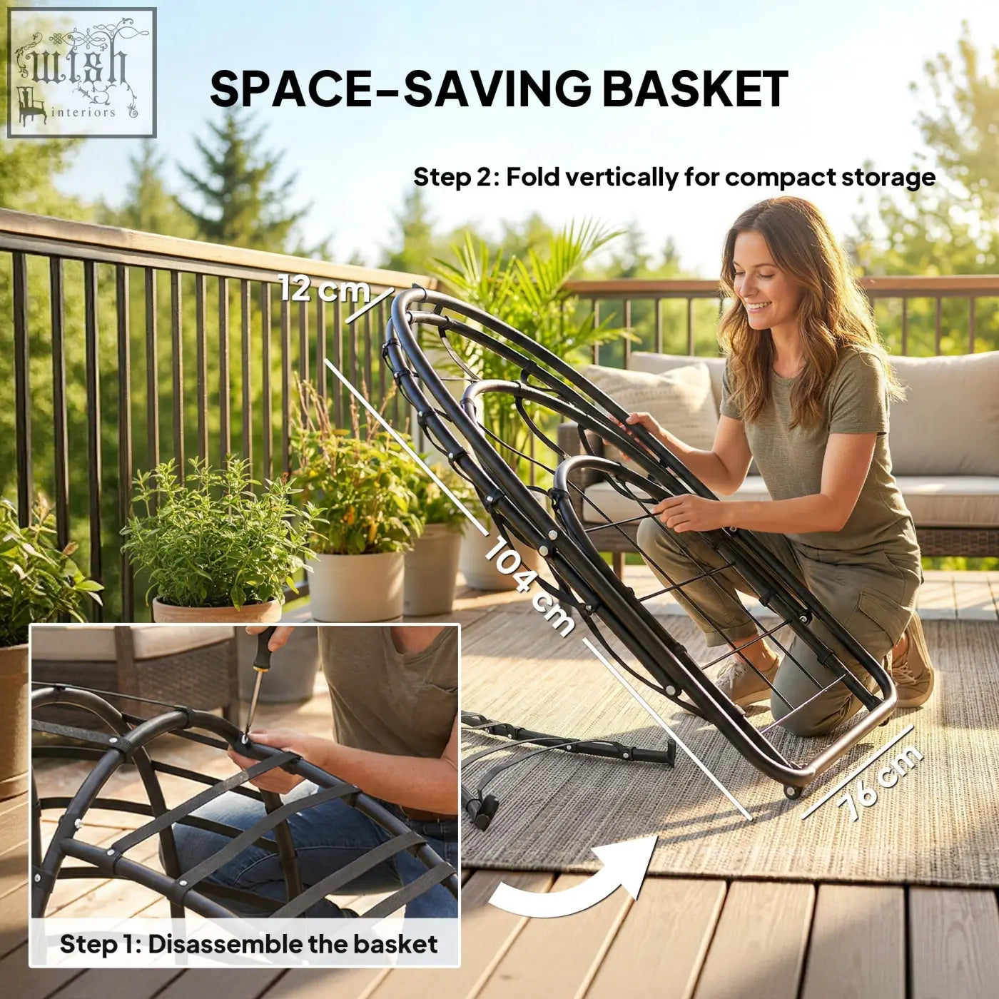 Outsunny hanging egg swing chair with black metal foldable basket and powder-coated steel frame for indoor outdoor use