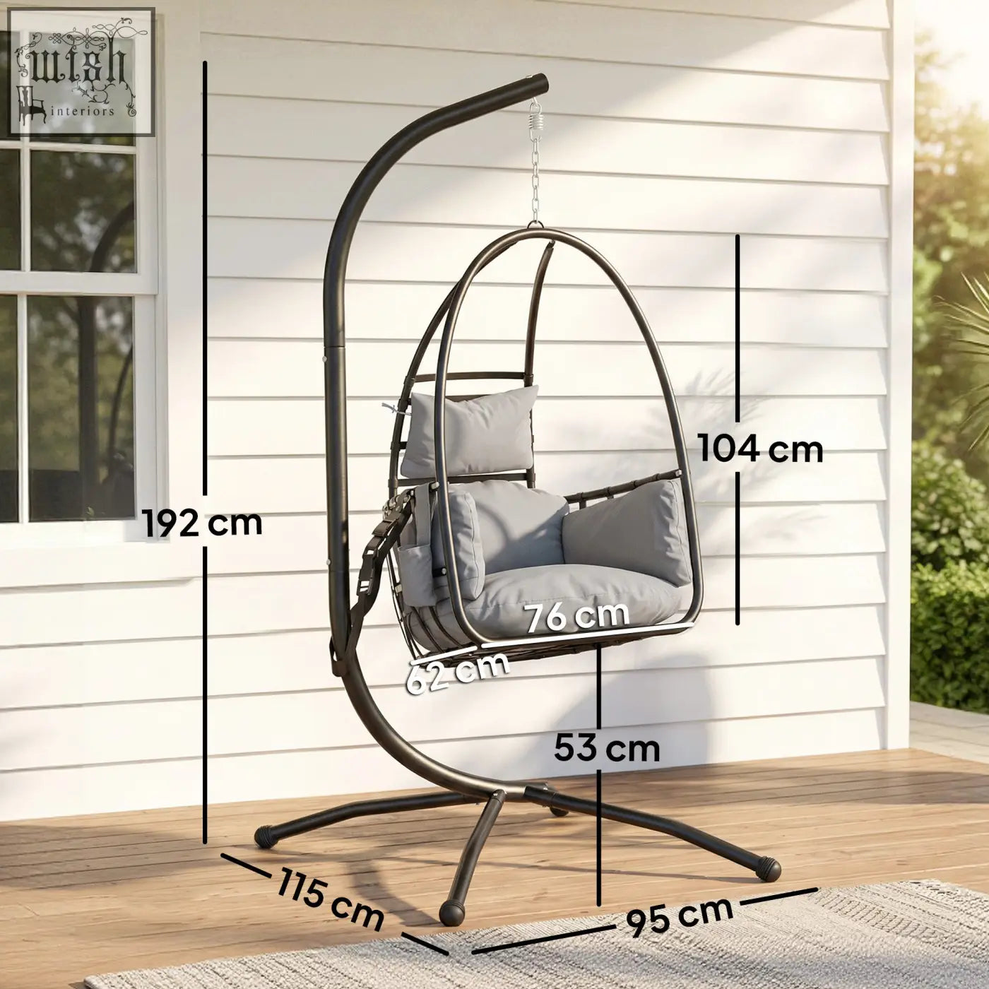 Black metal Outsunny hanging egg swing chair with gray cushion, powder-coated steel frame, safety strap, and side pocket