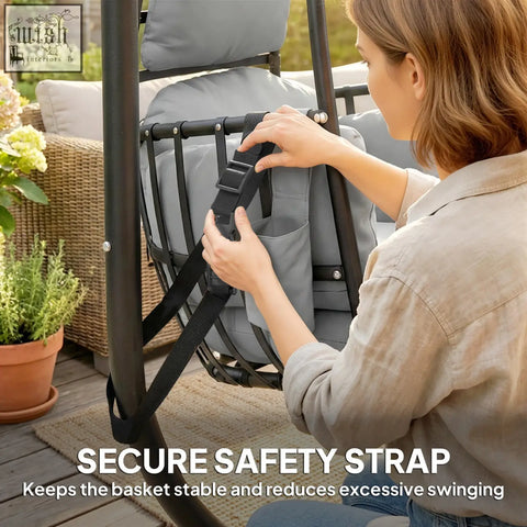 Black fabric safety strap securing the dark grey outsunny hanging egg swing chair with powder-coated steel frame