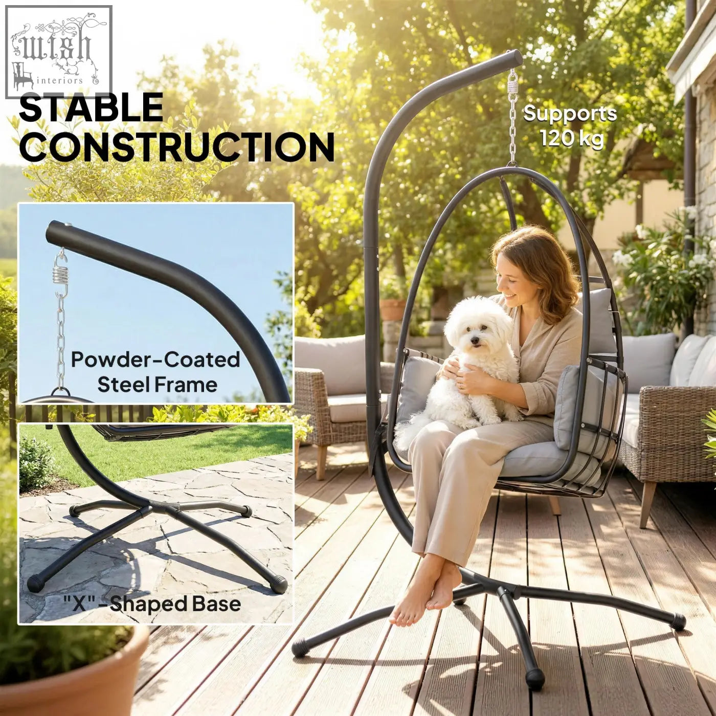 Outsunny hanging egg swing chair with safety strap and powder-coated steel frame in dark grey for indoor outdoor use