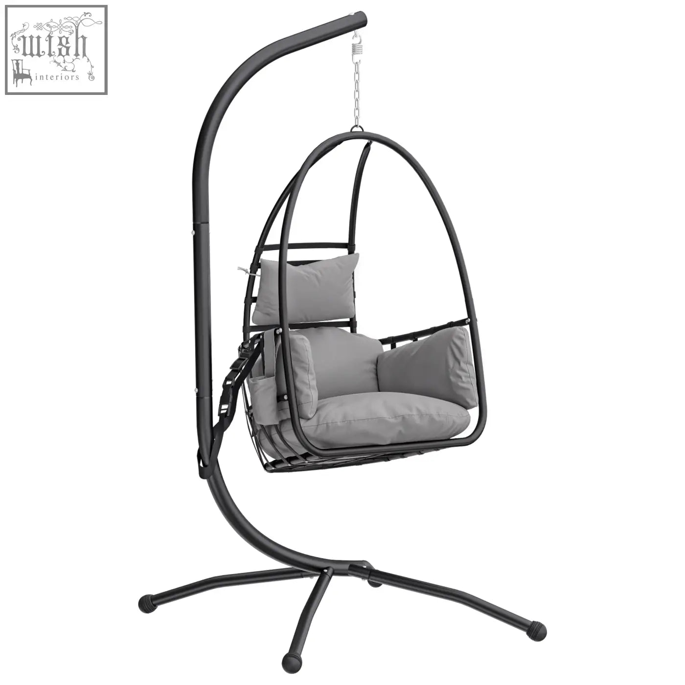 Black metal hanging egg chair with gray cushions featuring a powder-coated steel frame and safety strap for secure swinging