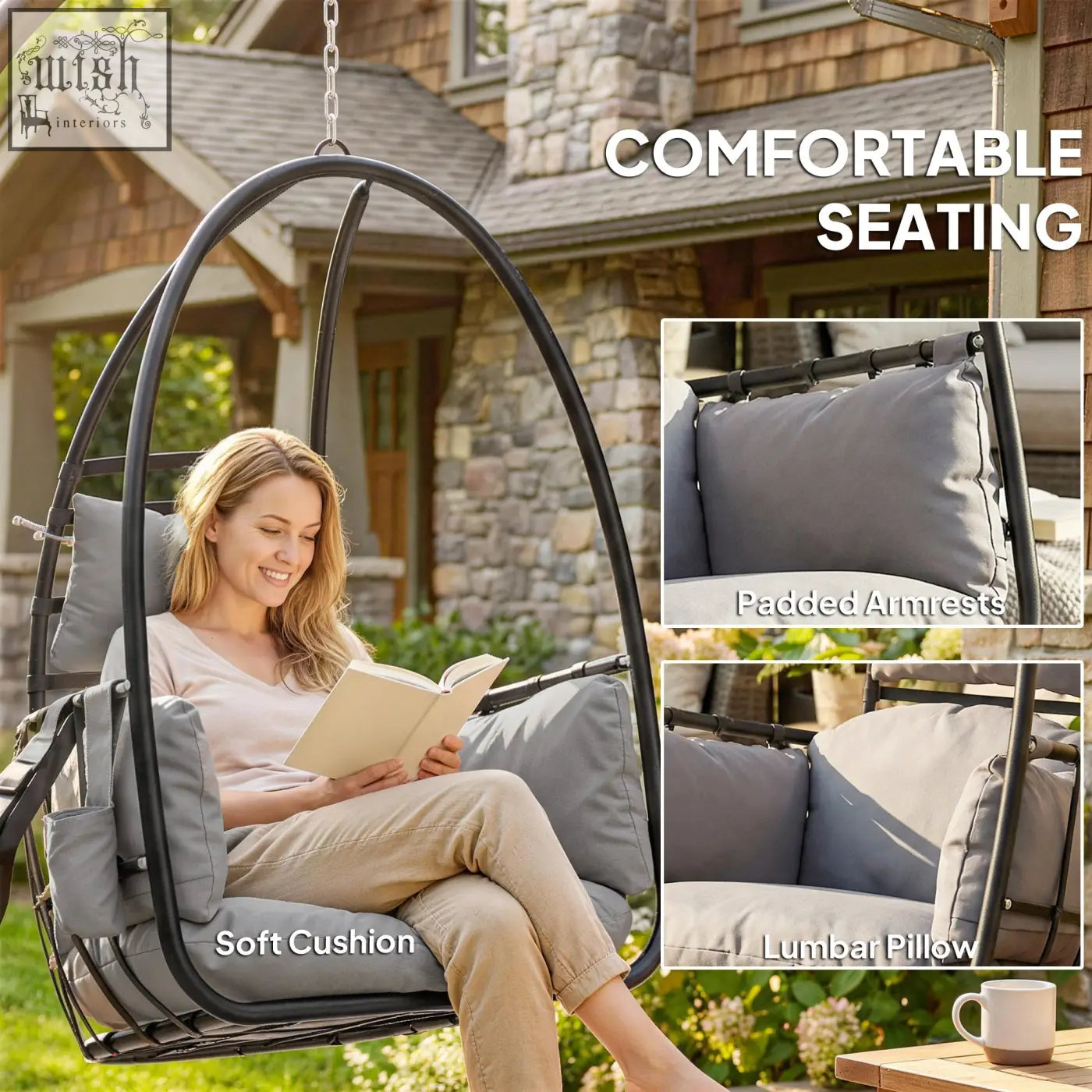 Black metal outsunny hanging egg swing chair with gray cushions padded armrests safety strap and powder-coated steel frame