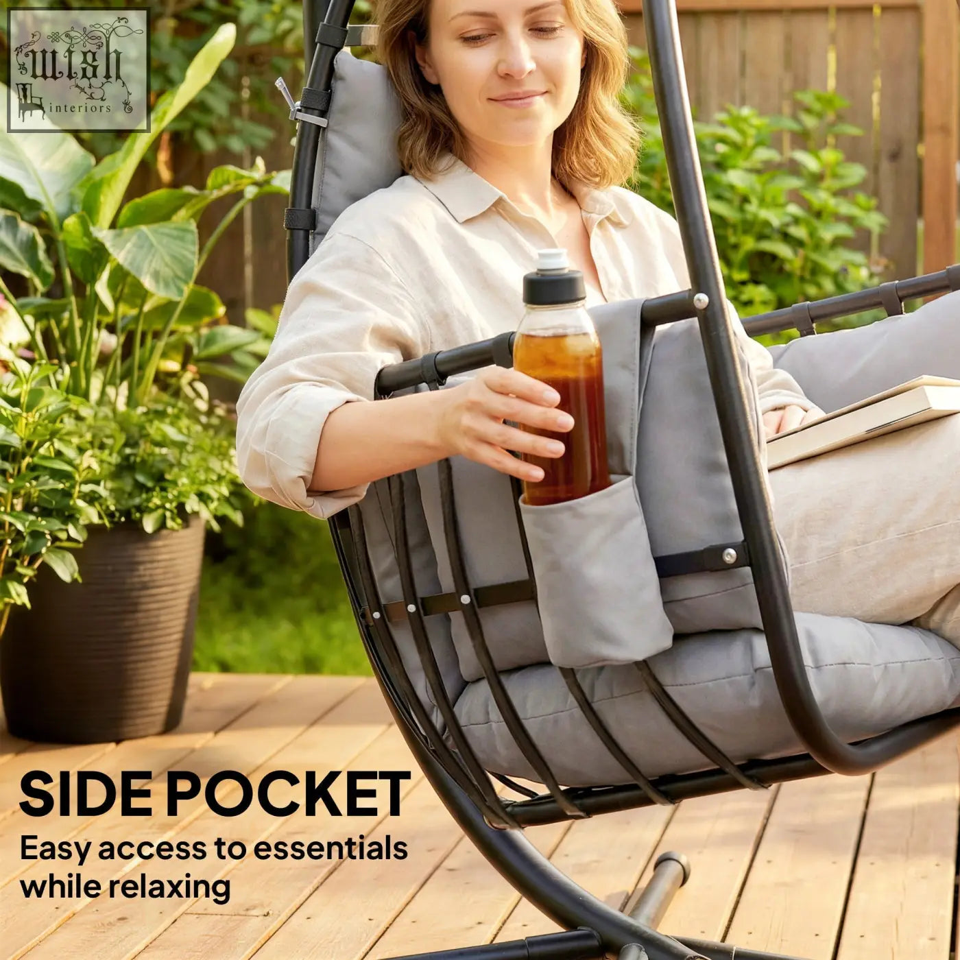 Gray fabric side pocket on outsunny dark grey hanging egg swing chair with powder-coated steel frame for easy access