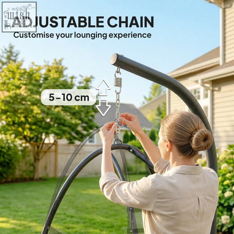 Adjustable black metal chain with spring mechanism for customizable hanging height on outsunny dark grey swing chair with safety strap and powder-coated steel frame