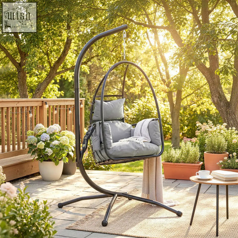 Black metal outsunny hanging egg swing chair with gray cushion, powder-coated steel frame, safety strap, and side pocket