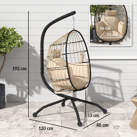 Outsunny Hanging Egg Chair Outdoor Indoor Garden Swing Chair with Folding Basket and Thickened Cushion, Garden Hanging Chair with Stand, Headrest, Cup Holder for Patio, Balcony, Khaki