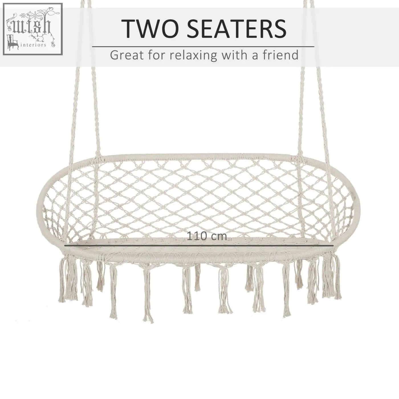 Cream-colored macrame hammock chair with woven mesh and fringe on metal frame hanging hammock chair for patio and porch