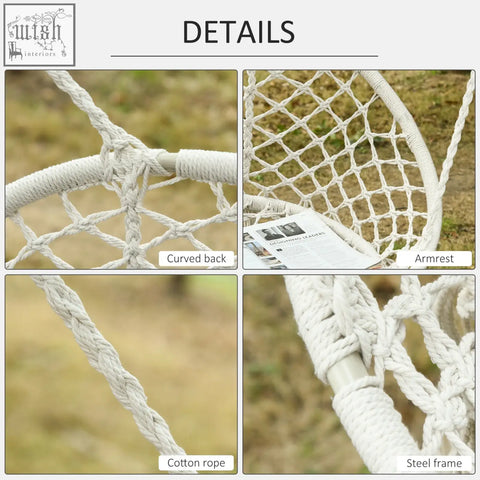 White macrame hanging hammock chair with curved back, cotton rope weave, and metal frame for indoor use