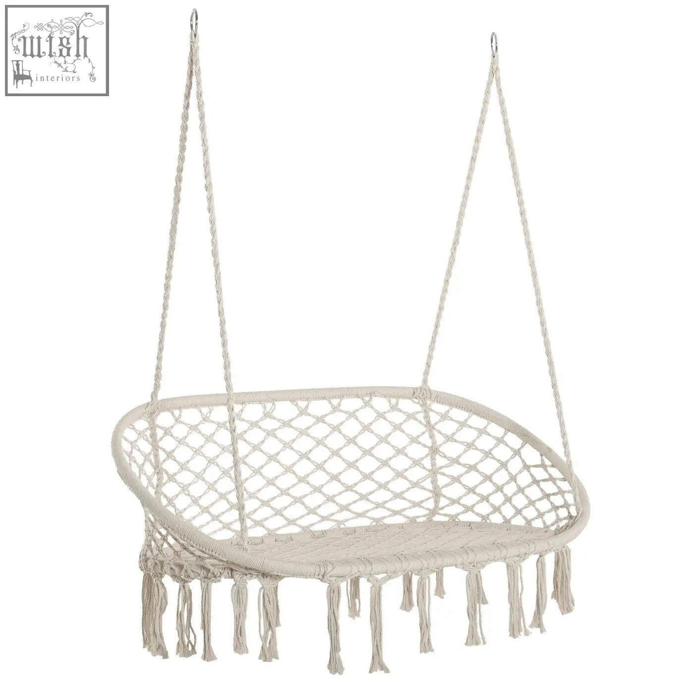 Cream-colored macrame hammock chair with fringe tassels and metal frame perfect hanging hammock chair for patio or garden