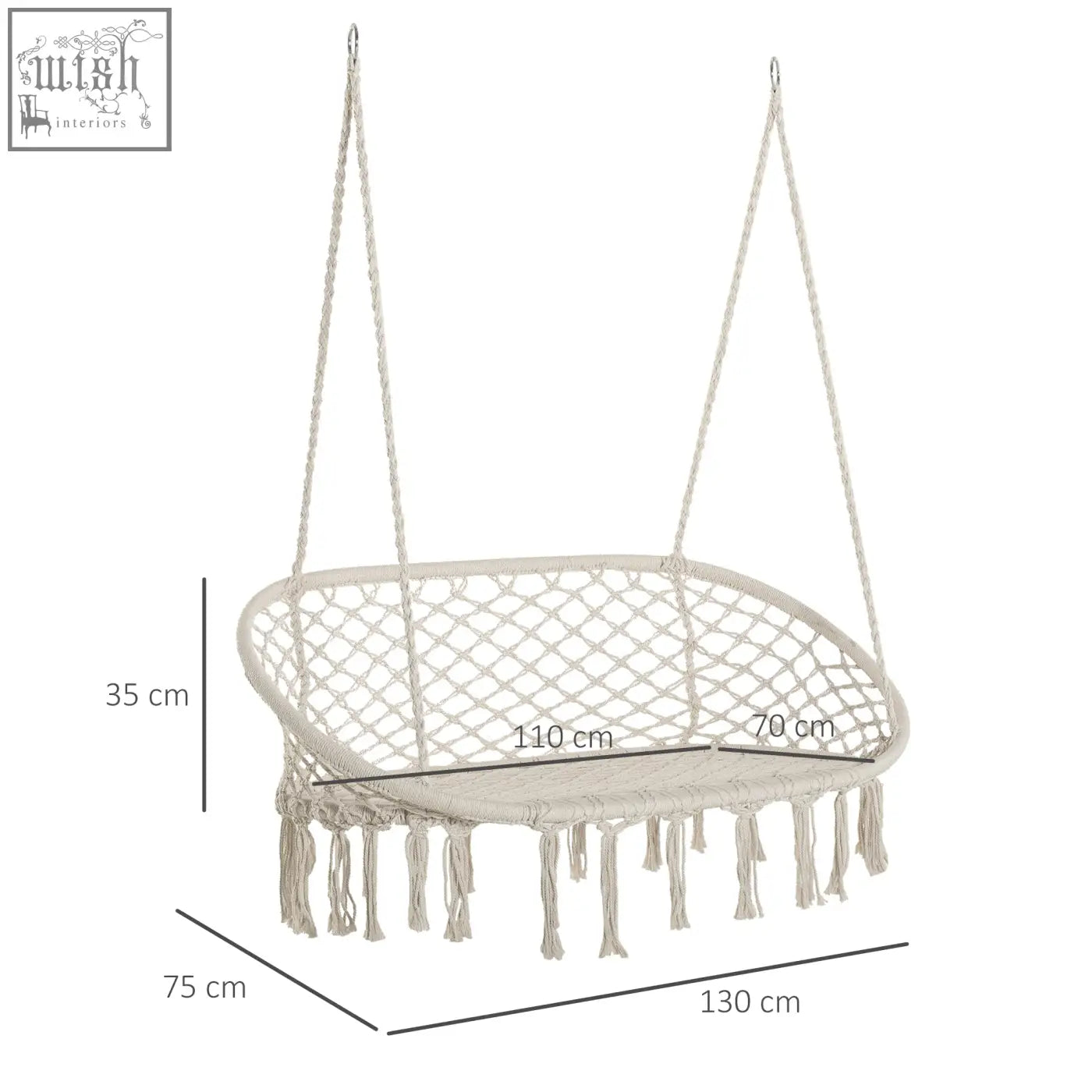 Cream-colored macrame hammock chair with fringe detailing and metal frame hanging hammock chair for patio and garden