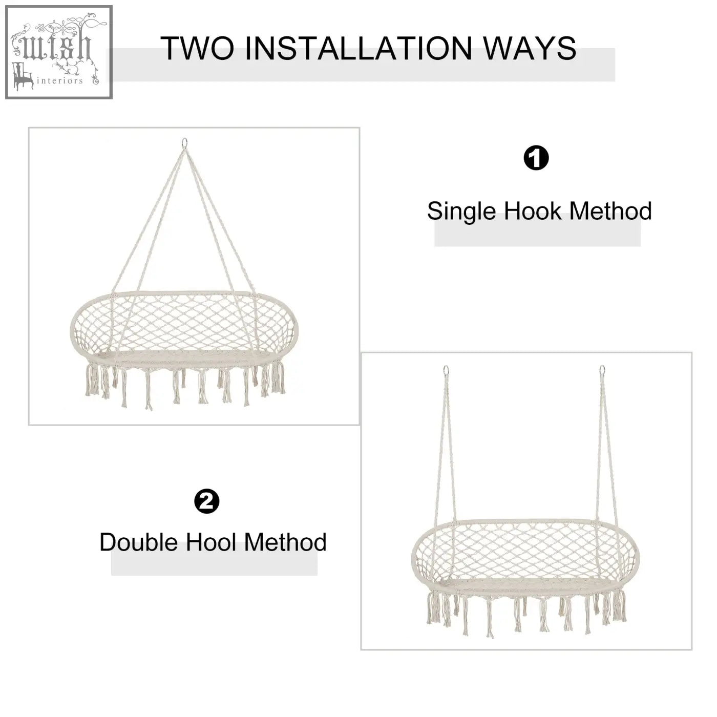 Off-white hanging hammock chair with woven macrame cotton rope and tassels on metal frame for porch or patio seating