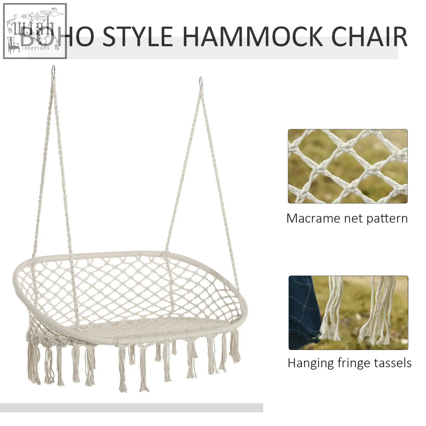 Cream-colored hanging hammock chair with metal frame macrame net pattern and fringe tassels for indoor or outdoor use