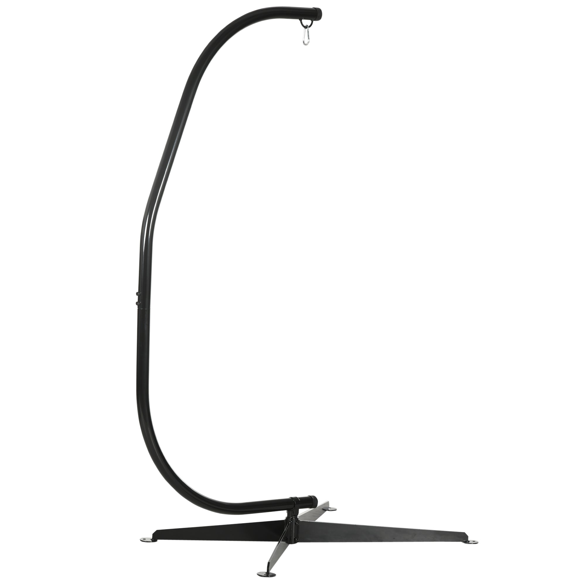 Black metal hammock chair stand with curved support tripod base made of powder coated steel and spring buckle design