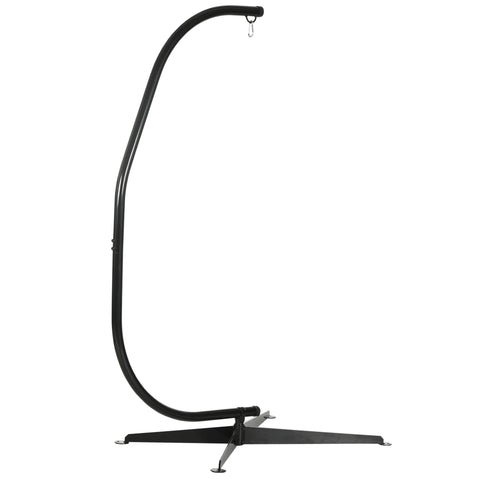 Black metal hammock chair stand with curved support tripod base made of powder coated steel and spring buckle design