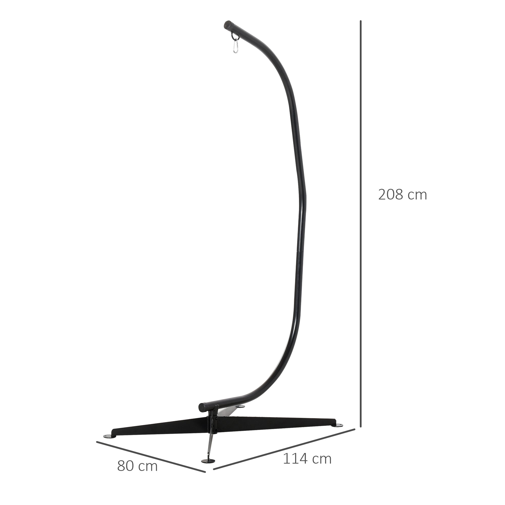 Black metal hammock chair stand with curved support wide base powder coated steel and spring buckle for indoor outdoor use