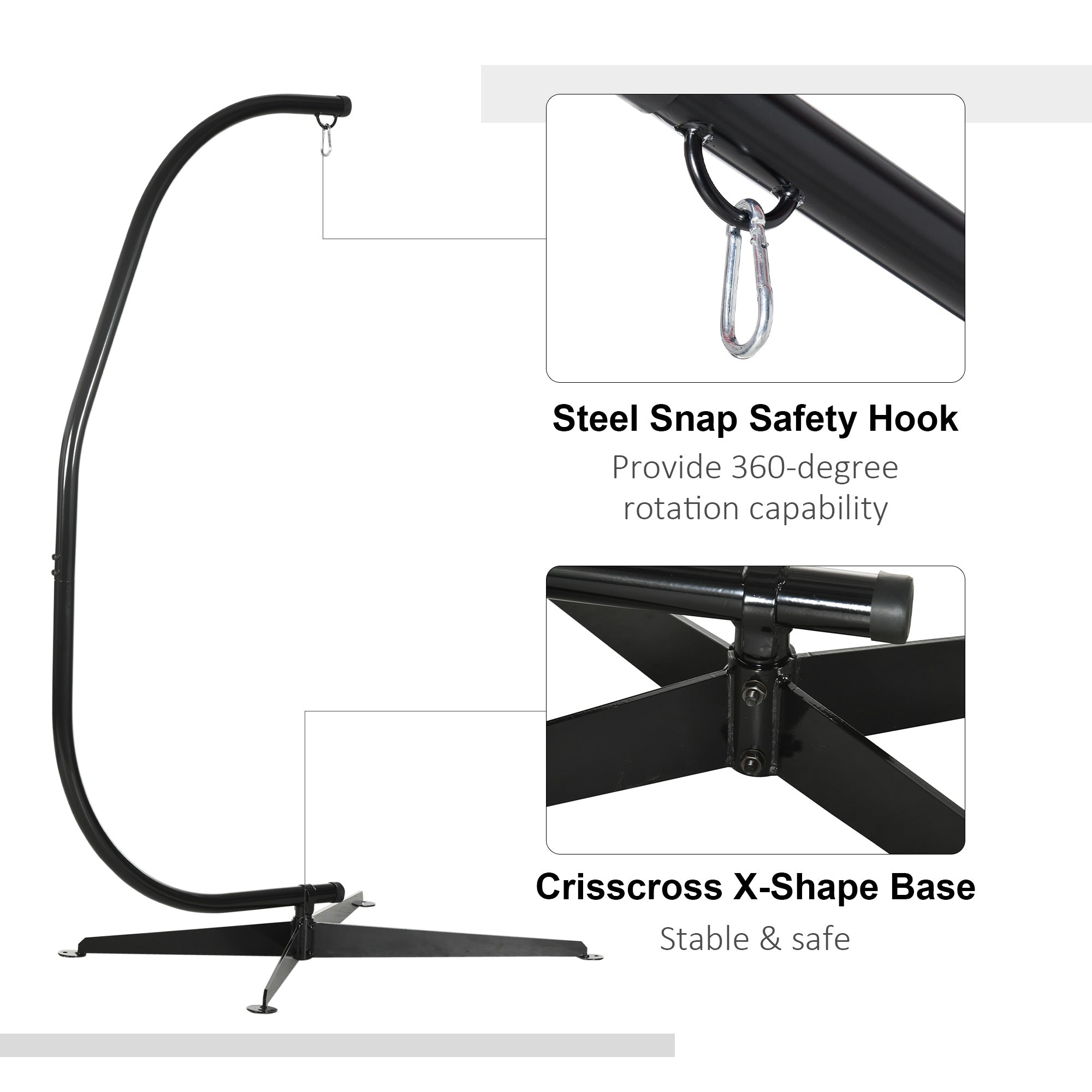 Black steel powder coated steel hammock chair stand with curved arm and x shaped base for indoor outdoor use