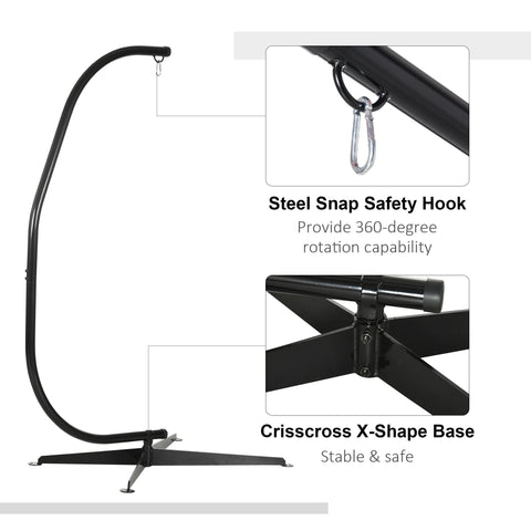 Black steel powder coated steel hammock chair stand with curved arm and x shaped base for indoor outdoor use