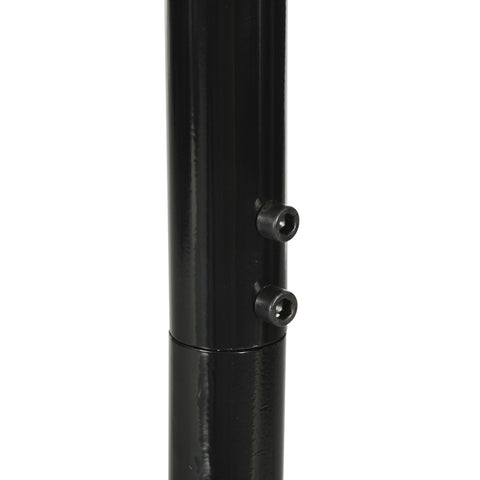 Black metal powder coated steel hammock chair stand with two circular adjustment knobs and spring buckle features