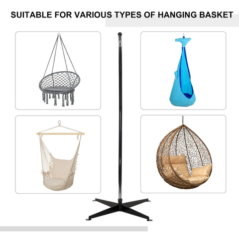 Black metal hammock chair stand with star-shaped base made of powder coated steel featuring spring buckle design