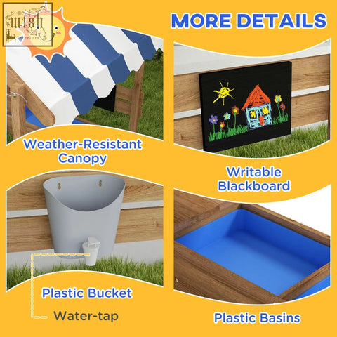 Outsunny wooden sandbox with blue and white striped canopy fir wood bottomless design for outdoor play ages 3-7