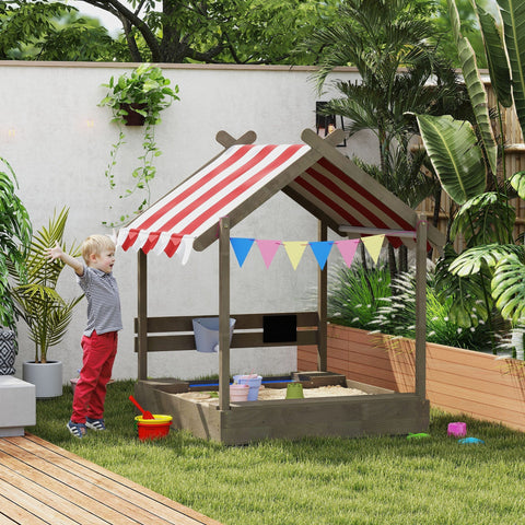 Wooden fir wood sandbox playhouse with bottomless design and red white canopy for kids aged 3-7 years gray