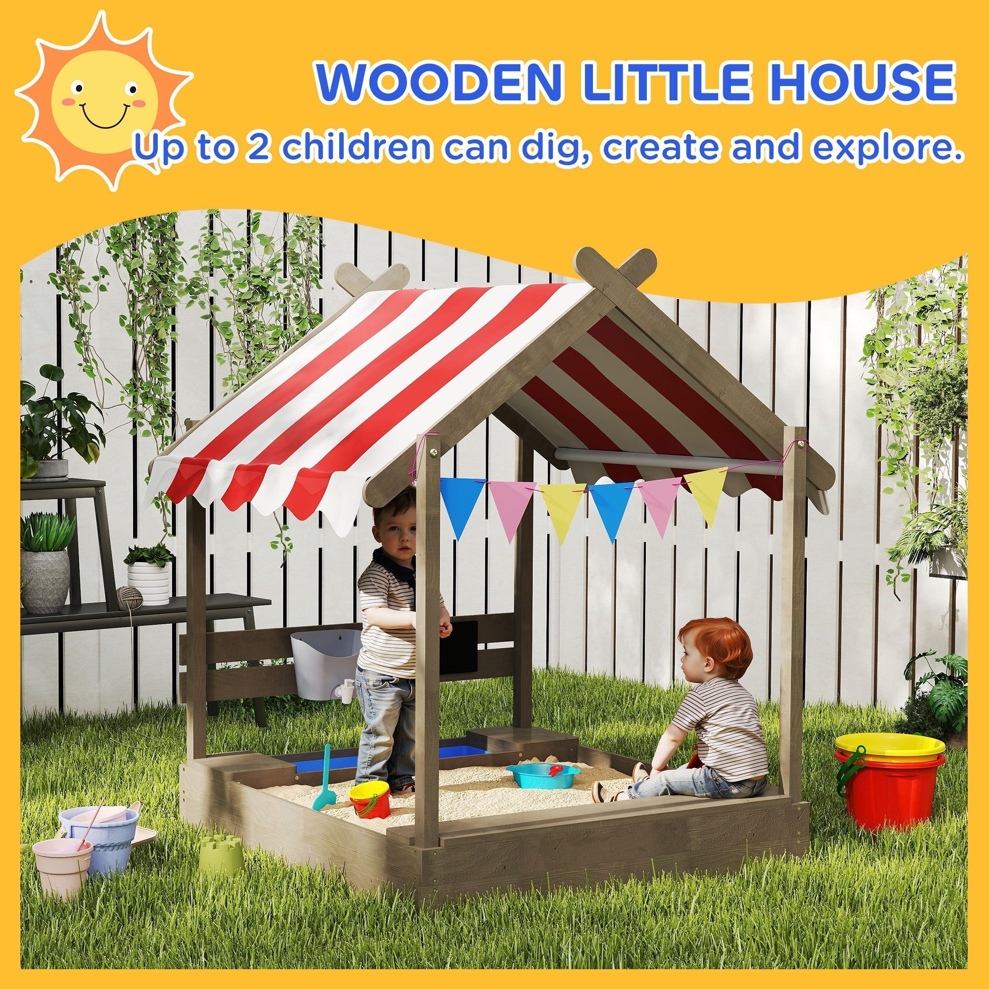 Outsunny house-designed wooden sandbox with red and white striped canopy made of fir wood featuring bottomless design