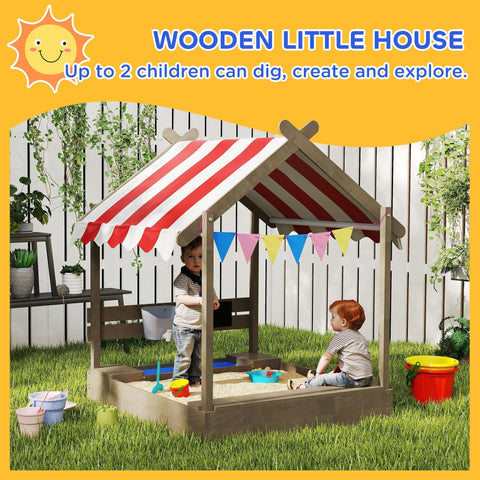 Outsunny house-designed wooden sandbox with red and white striped canopy made of fir wood featuring bottomless design
