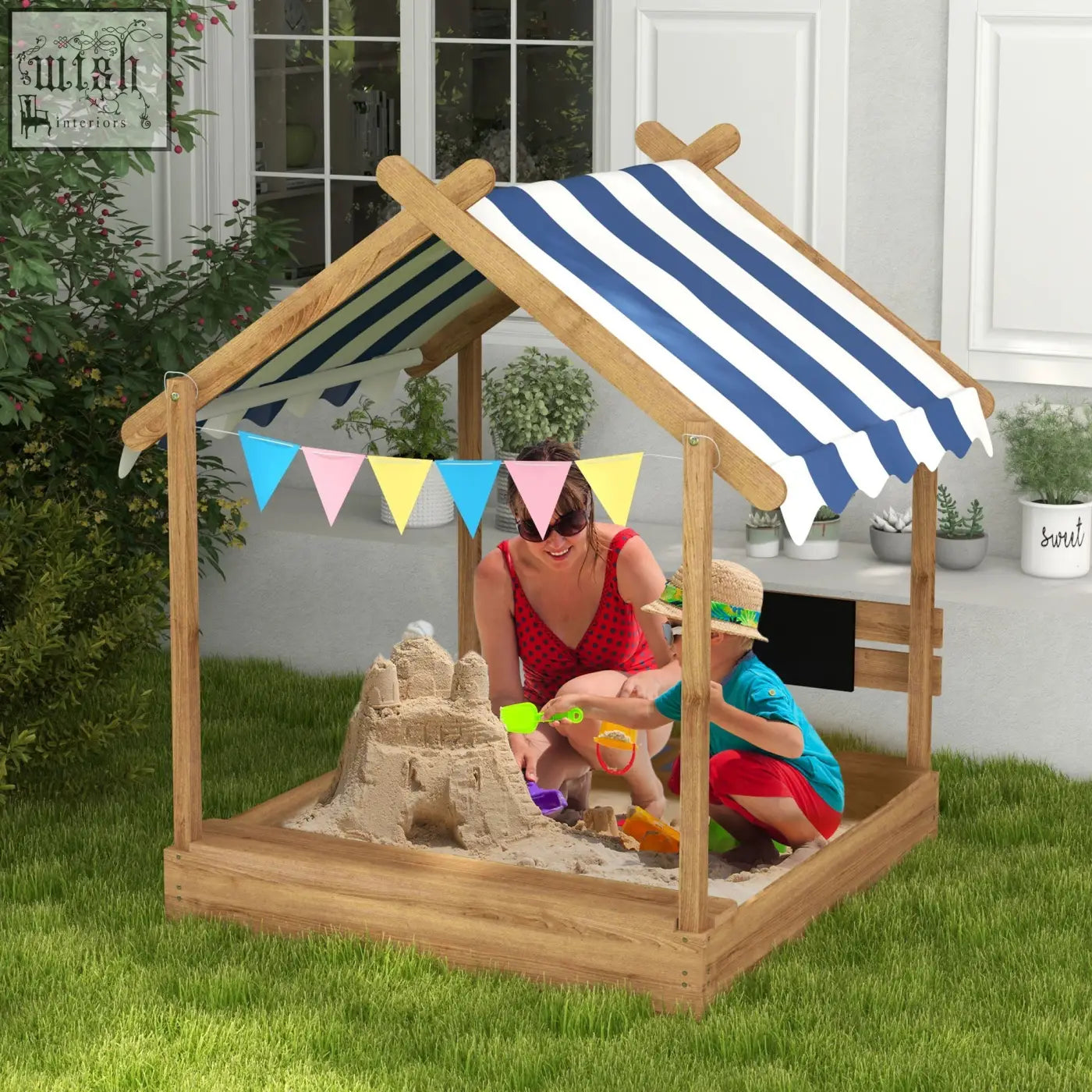 Wooden sandbox playhouse with blue and white striped canopy made of fir wood featuring bottomless design for kids 3-7 years