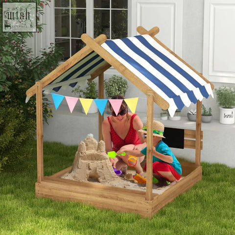 Wooden sandbox playhouse with blue and white striped canopy made of fir wood featuring bottomless design for kids 3-7 years