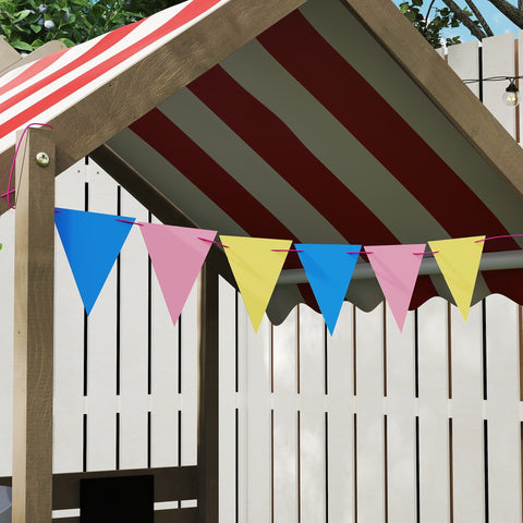 Colorful triangular bunting with blue pink and yellow flags on outsunny fir wood sandbox with bottomless design gray