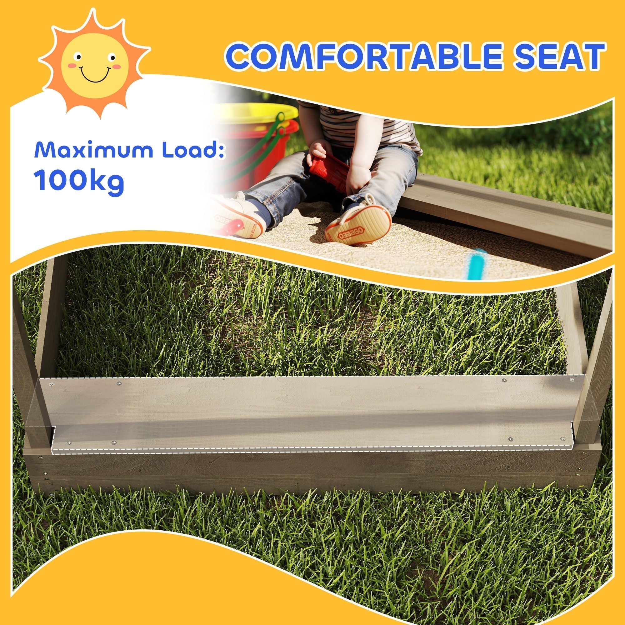 Outsunny grey fir wood children’s sandbox with bottomless design and smooth metal frame seating for outdoor play ages 3-7