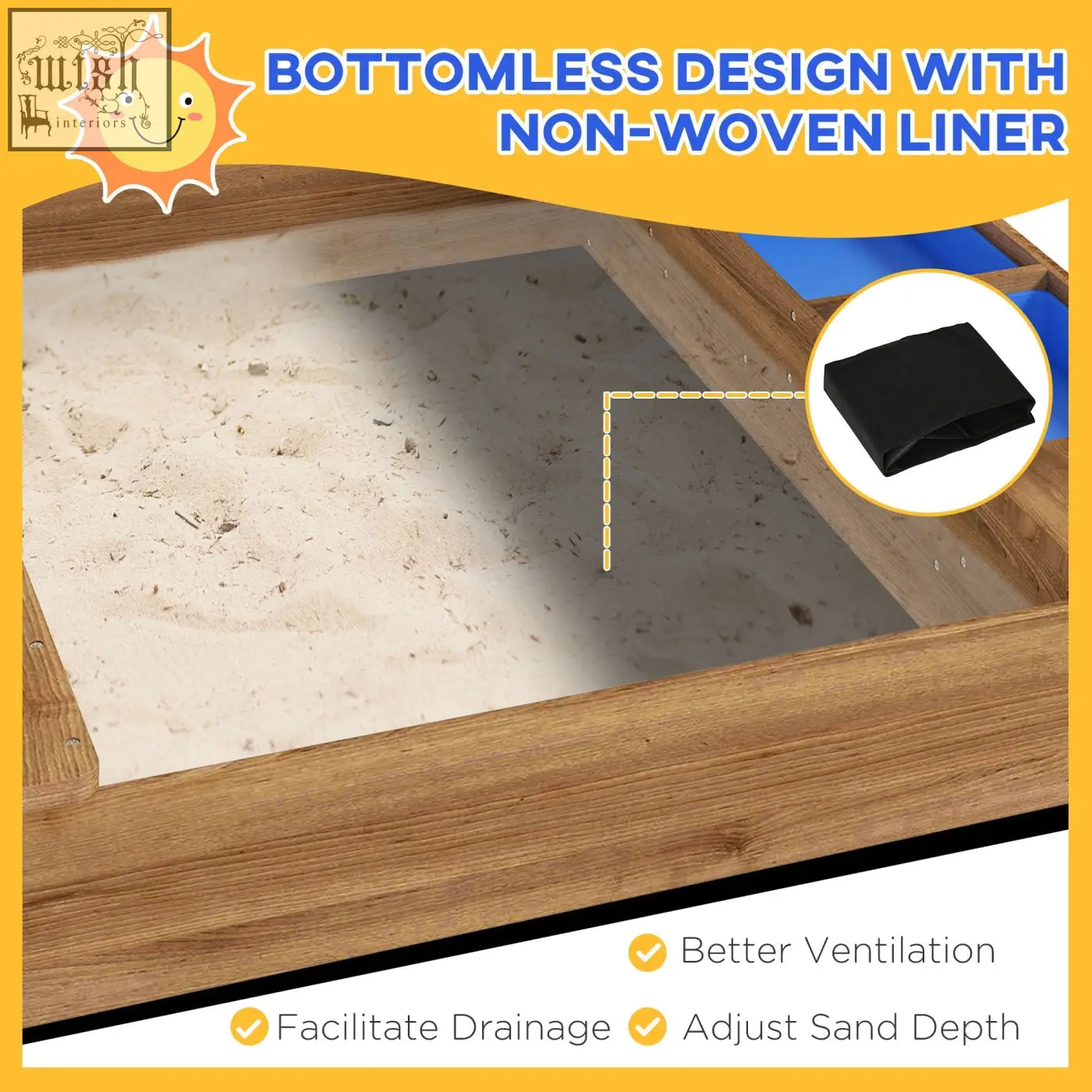 Outsunny house-designed wooden sandbox in brown fir wood with bottomless design and non-woven liner for kids play