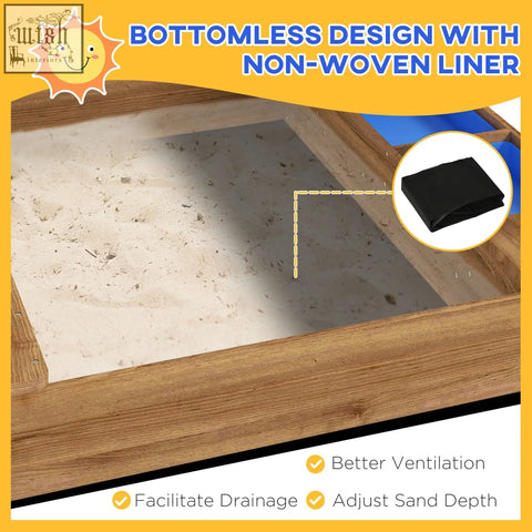 Outsunny house-designed wooden sandbox in brown fir wood with bottomless design and non-woven liner for kids play